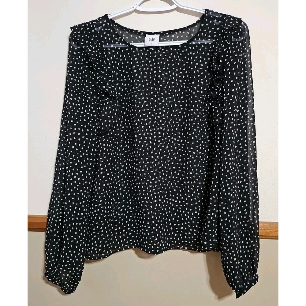 Cabi Sinatra Sheer Blouse, Size Small - Black Polka Dot w/ Ruffles